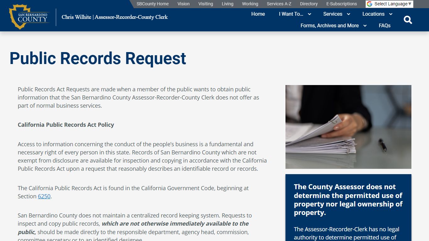 Public Records Request – San Bernardino County Assessor-Recorder-Clerk